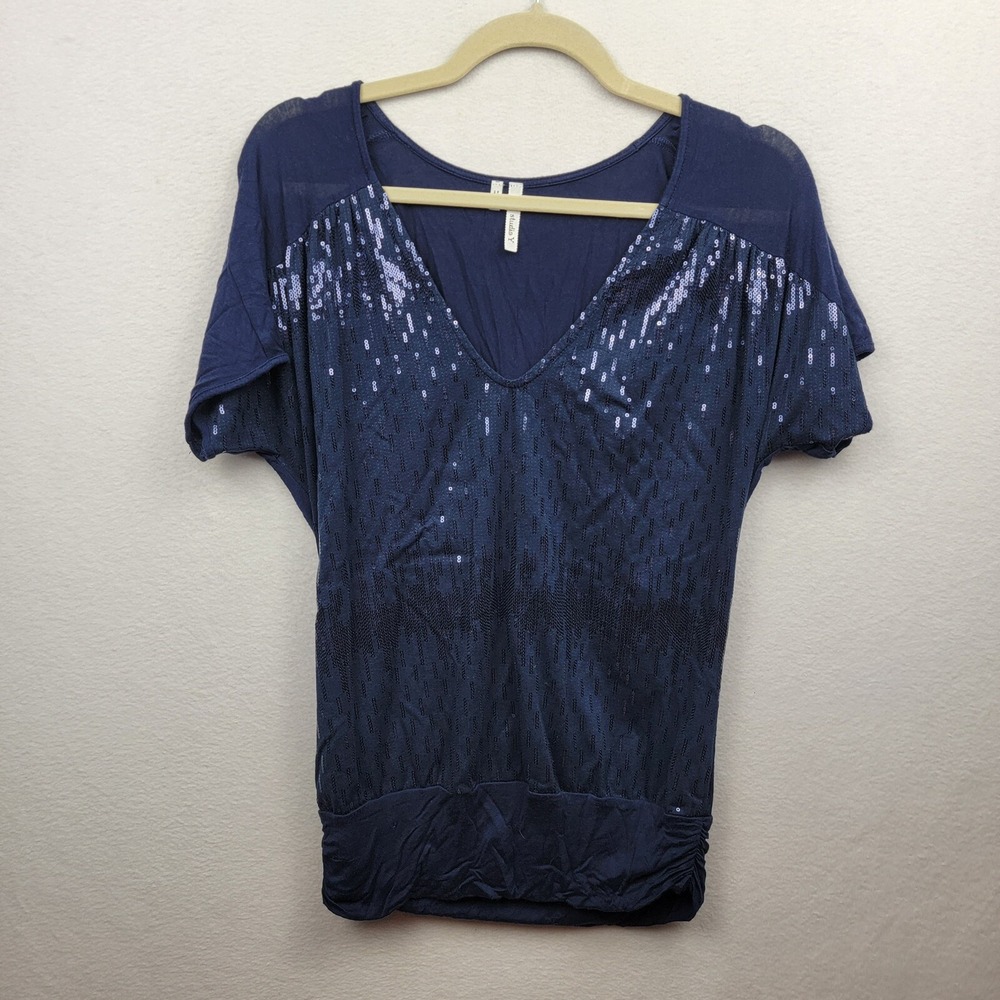 womens Studio Y V Neck Top sequence size M Navy Blue